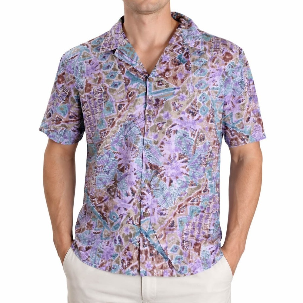 Hilo Hattie Hawaiian Aloha Shirt XL Floral Abstract Tribal Pale Purple Green